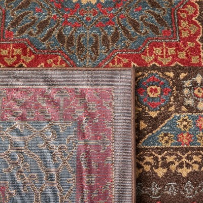 Red and Navy Synthetic Persian Style Runner Rug