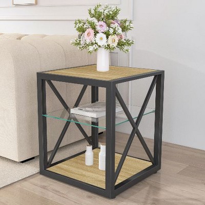 NicBex Industrial 3-Tier End Table with Drawer, Tempered Glass & Metal Frame Side Table, Modern Nightstand for Bedroom, Living Room Small Table