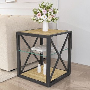 NicBex Industrial 3-Tier End Table with Drawer, Tempered Glass & Metal Frame Side Table, Modern Nightstand for Bedroom, Living Room Small Table - 1 of 4