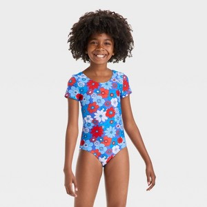 Girls' Fourth Flower Floral Printed One Piece Swimsuit - Cat & Jack™ Blue - 1 of 3