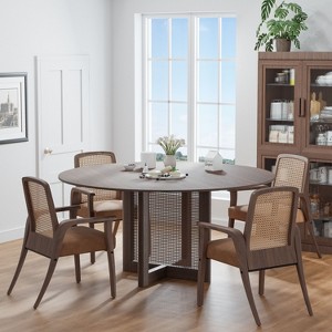 PexFix 60" x 60" Farmhouse Kitchen Dining Room Table Furniture Round Walnut Kitchen Table with Rattan Woven Legs for Kitchen Bar Living Room - 1 of 4