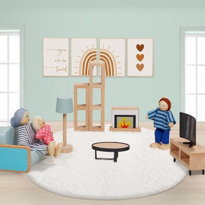 Etokfoks 36pcs Wooden Dollhouse Furniture Set with 5 Rooms and 4 Dolls Blue Pretend Play Accessories for Kids Toddlers Ages 3 and Up — фото 5