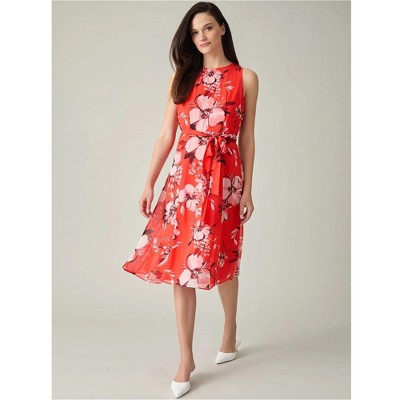 Kasper Womens Gigi Everyday Floral Midi Fit & Flare Dress, Red, 10