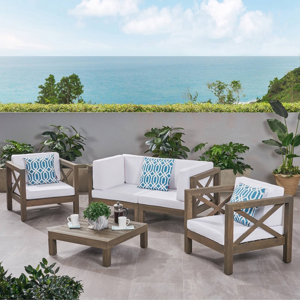 Photos - Garden Furniture Brava 5pc Acacia Wood Loveseat Chat Set Gray/White - Christopher Knight Ho