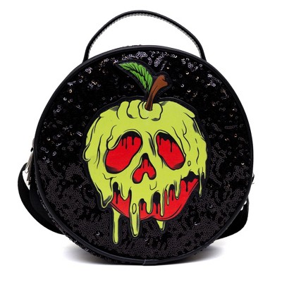 Disney Bag, Crossbody, Round, Snow White Poison Apple Glow in the Dark Applique, Black Sequin, Vegan Leather