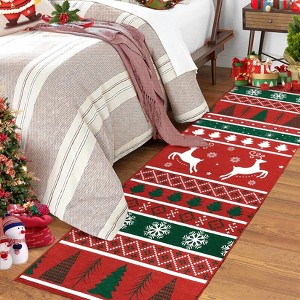 Christmas Area Rug, Washable Ultra-Thin Non-Slip Holiday Carpet with Reindeer & Snowflake Print for Living Room Bedroom Entryway, Red - 1 of 4