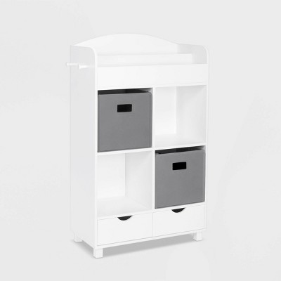 RiverRidge Kids' Book Nook Cubby Toy Storage Cabinet with Bookshelf, Drawers, and Hooks White with 2 Fabric Bins
