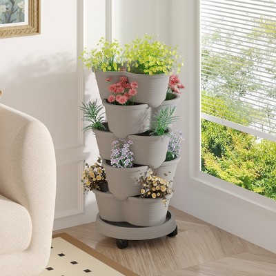 VECELO 5-Tier Vertical Garden Planter, Self Watering Stackable Planter with Wheels for Strawberries, Flowers, Vegetables