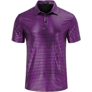 Men's 70s Disco Shirts Shiny Sequins Short Sleeve Party Shirt Slim Fit Nightclub Costume Tops - 1 of 4