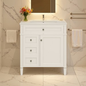 Wooakway 30"L White Modern Bathroom Vanity with Sink 2 Drawers Tip Out Storage Cabinet - 1 of 4