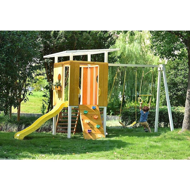 Avenlur Outdoor Swing Set: Clubhouse, slide, rock climbing wall, 2 swings, and more! Perfect for toddlers and kids ages 3-11, 4 of 8