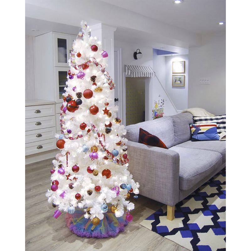 Treetopia All Snowed In White 8 Foot Artificial Prelit Slim Narrow Christmas Tree Holiday Decoration with White LED Lights, Premium Stand & Foot Pedal, 2 of 7
