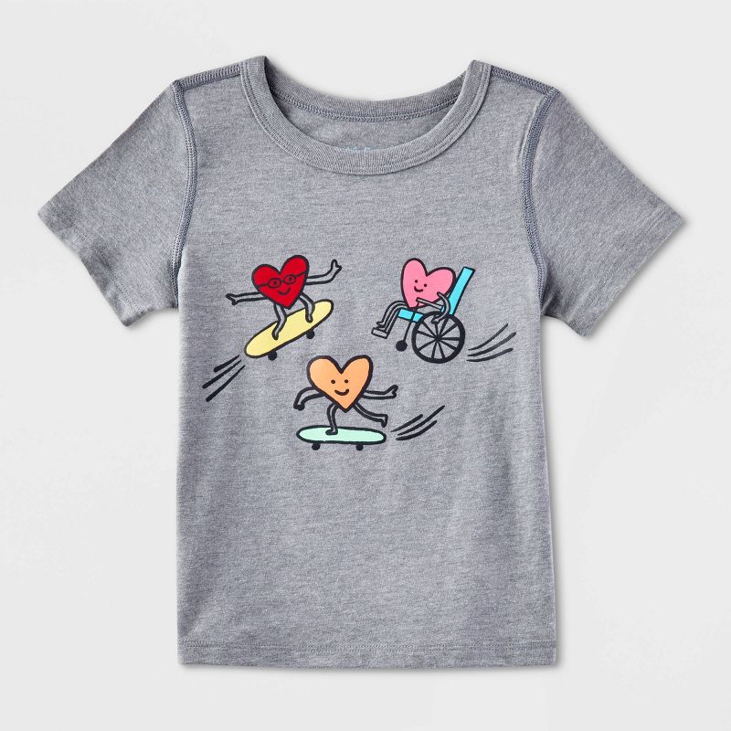 Toddler Kids' Adaptive Short Sleeve Valentine's Day 'Skating Hearts' Graphic T-Shirt - Cat & Jack™ Gray, 1 of 5