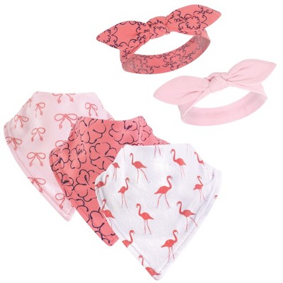 Yoga Sprout Baby Girl Cotton Bandana Bibs and Headbands 5pk, Flamingo, One Size