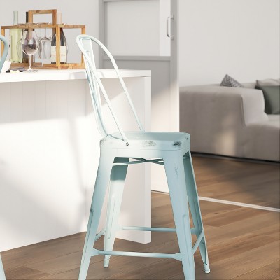 Merrick Lane Distressed Green-Blue Metal Counter Height Stool