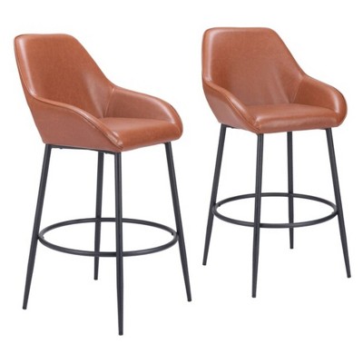 Zuo Modern Vila Barstool Set of 2 – 42.5" H, Brown Faux Leather, Modern Steel Frame, Indoor Bar Seating
