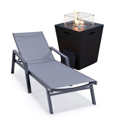 LeisureMod Marlin Modern Patio Chaise Lounge Chair in Black Aluminum Frame With Arms and Square Fire Pit Side Table