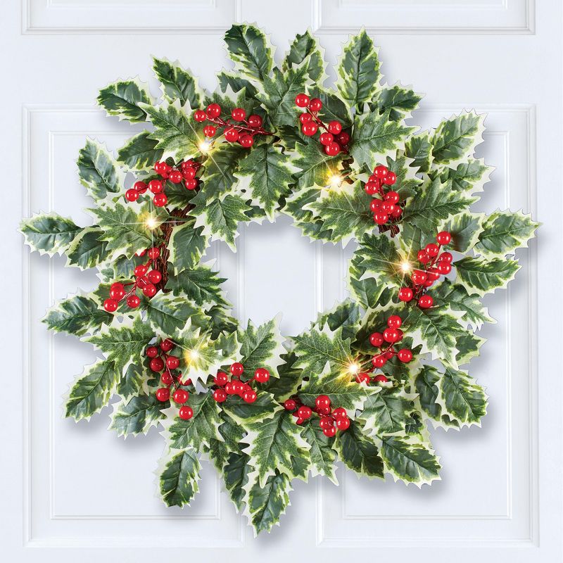 Collections Etc LED Lighted Holly Festive Hanging Door Wreath, 2 of 3