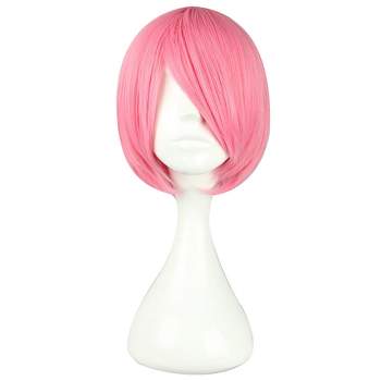 Unique Bargains Women's Bob Wigs 12" Pink with Wig Cap Short Hair With Slant Bangs