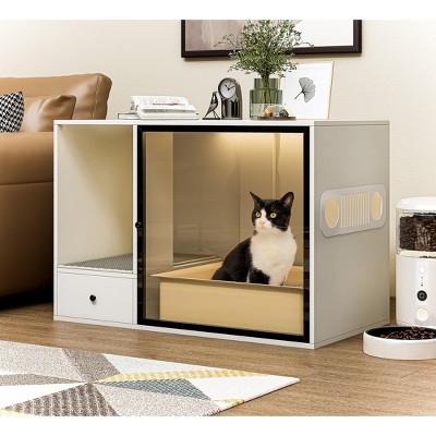 ATJafurn Cat Litter Box Enclosure Modern Furniture Style 37 Inch White, Hidden Kitty Cat Cabinet with Glass Door and LED Strip for Large Cats