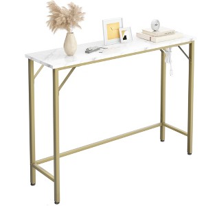 Narrow Console Table with Faux Marble MDF Top and Elegant Gold Metal Frame, 39.3" Behind Sofa or Entryway Table with Built-in Power Station - 1 of 4