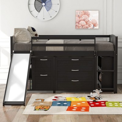 NicBex Twin Size Loft Bed Low Pine Bed Frame with Drawers, Shelves, Slide, Ladder and Full Length Guardrail, No Box Spring Required