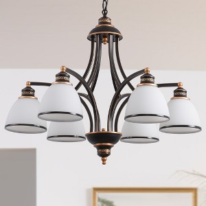 DORESshop 6-Light American Style Chandelier with Gold Accented E26 Downward Lights and White Glass Shades, No Bulb Included - 1 of 4