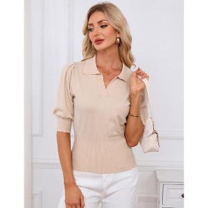 Women's Polo Puff Short Sleeve Sweater, v-Neck Knit Top for Work