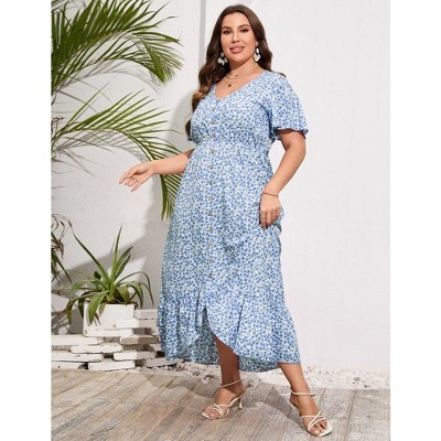 Plus Size Floral Maxi Dress Women Summer Short Sleeve V Neck High Low Dress  Light Blue Flower 5xl : Target