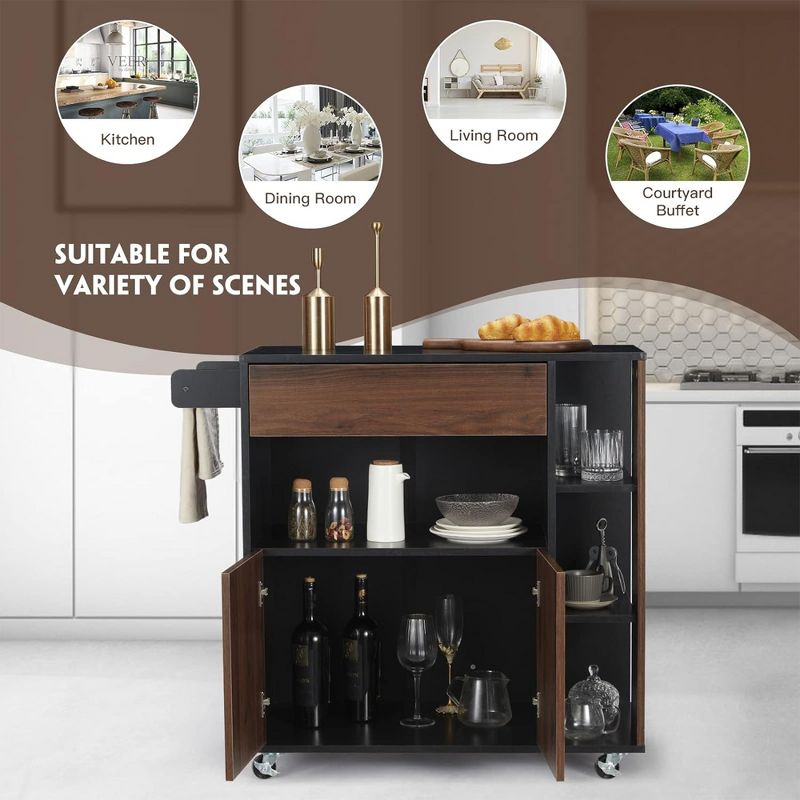 JOMEED Kitchen Countertop Island Cabinet Rolling Cart with Storage Drawers and Towel Rack, for Home, Dining Room, and Living Room, Black/Brown, 5 of 7