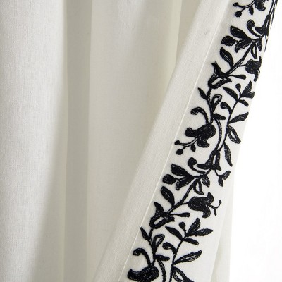 Luxury Modern Flower Linen Like Embroidery Border Window Curtain Panel Off White/Black Single 52X84