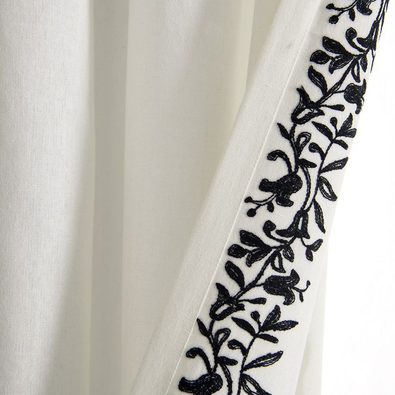 Luxury Modern Flower Linen Like Embroidery Border Window Curtain Panel Off White/Black Single 52X84, 5 of 7