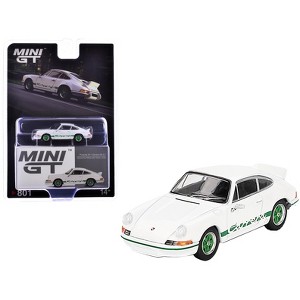 Porsche 911 Carrera RS 2.7 Grand Prix White with Green Stripes and Wheels Limited Edition 1/64 Diecast Model Car by Mini GT - 1 of 4