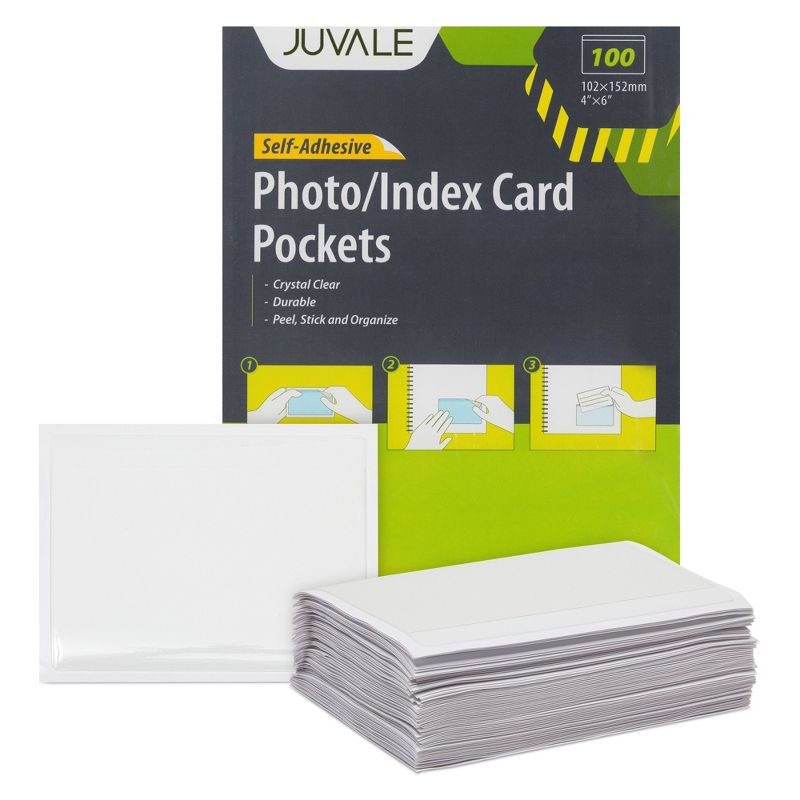 Juvale 100 Pack Top Load 4x6 Photo Sleeves with Adhesive, Index Card Holder for Office Supplies, Clear Label Pockets for Small Business, 1 of 9