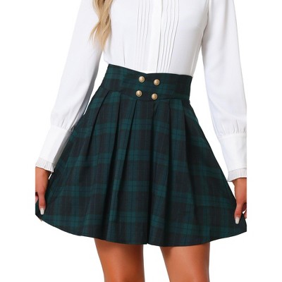 INSPIRE CHIC Women's Vintage Plaid Double Breasted A-Line Pleated Mini Skirt