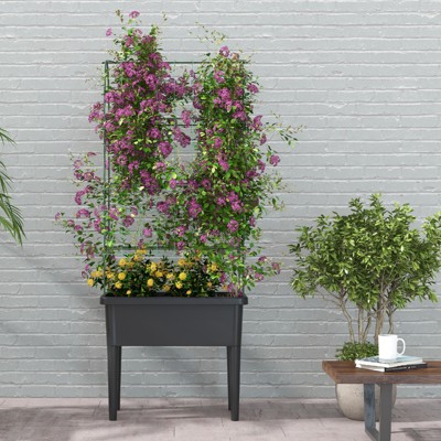 Black and Green Raised Garden Bed with Trellis and Self-Watering Planter