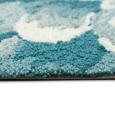 Aqua and White Tufted Synthetic Floral Half Circle Rug