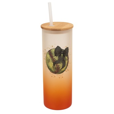 Elanze Designs 25 Ounce Frosted Glass Gradient Travel Tumbler With Straw and Wooden Lid, Softball With Black Bow Orange