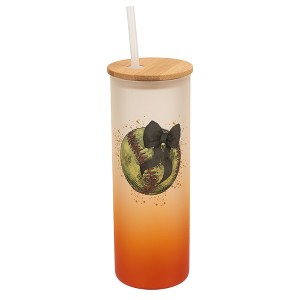 Elanze Designs 25 Ounce Frosted Glass Gradient Travel Tumbler With Straw and Wooden Lid, Softball With Black Bow Orange - 1 of 1