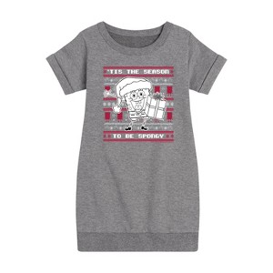 Girls' - SpongeBob SquarePants - Spongebob Xmas Sweater Graphic Short Sleeve Fleece Dress - 1 of 4