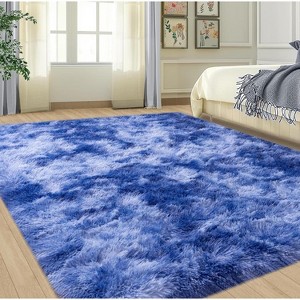 Extra Large Plush Shag Area Rug, 1.7" Thick Ultra Soft Non-Slip Tie-Dye Peacock Blue Mat - 1 of 4