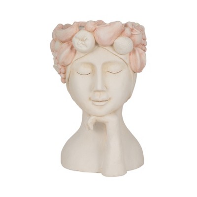 Head Planter Pot - Resin Face Sculpture Flower Pot with Floral Crown - Boho Chic Indoor Outdoor Decorative Planter - 18" Ivory, Pink, White