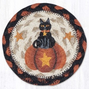 Earth Rugs Farmhouse Autumn Coaster 5"x5" Rustic Black Cat & Pumpkin Jute Mat - 1 of 3