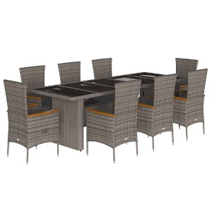 vidaXL - 9 Piece Patio Dining Set - Grey Poly Rattan with Glass Table & Cushions - Outdoor Seating for Garden, Backyard, Patio - 1 of 4