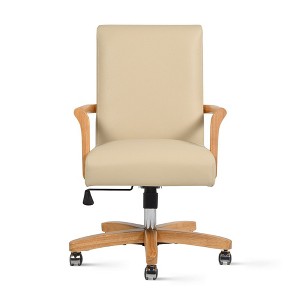 Dumont Modern Farmhouse High Back Executive Home Office Chair, Neutral Cream Beige Leather & Natural Wood - 1 of 4