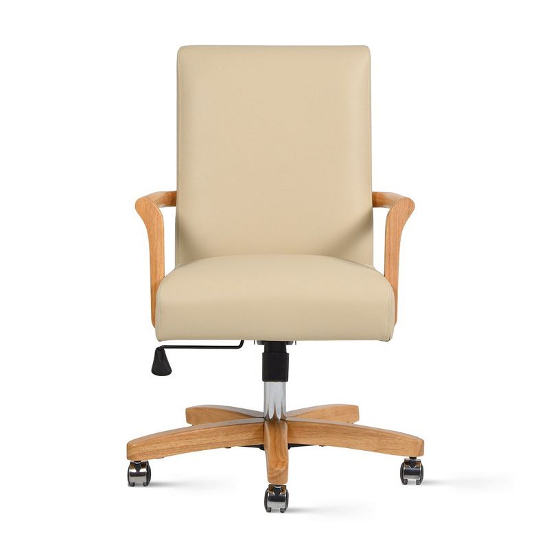 Dumont Modern Farmhouse High Back Executive Home Office Chair, Neutral Cream Beige Leather & Natural Wood, 1 of 8