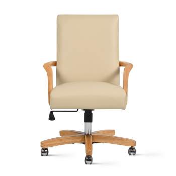 Dumont Modern Farmhouse High Back Executive Home Office Chair, Neutral Cream Beige Leather & Natural Wood