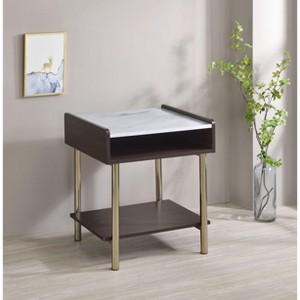 Vynxaria Contemporary End Table, Side Table, Nightstand, Brown, Walnut Wood, White Marble Printed Veneers, 24" Height - 1 of 4