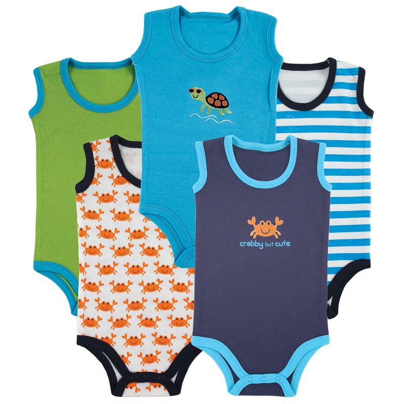 Luvable Friends Baby Boy Cotton Sleeveless Bodysuits 5pk, Crab, 1 of 9