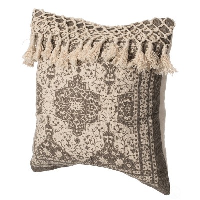 16" Handwoven Cotton Throw Pillow Cover with Traditional Pattern and Tasseled Top